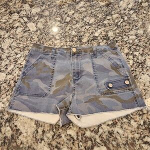 Blue Desire Juniors Camo High Rise Jean Shorts